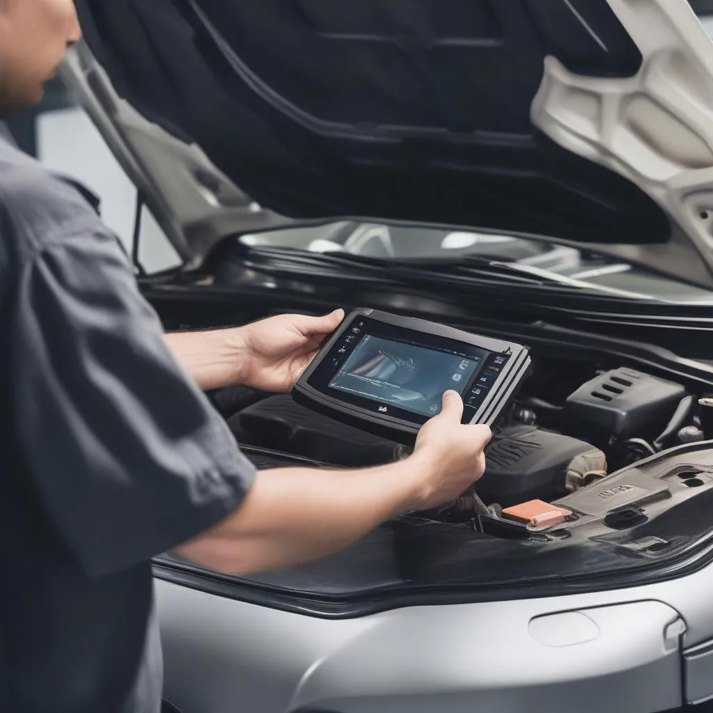 Mechanic using a dealer scanner to diagnose a faulty engine valve in a BMW