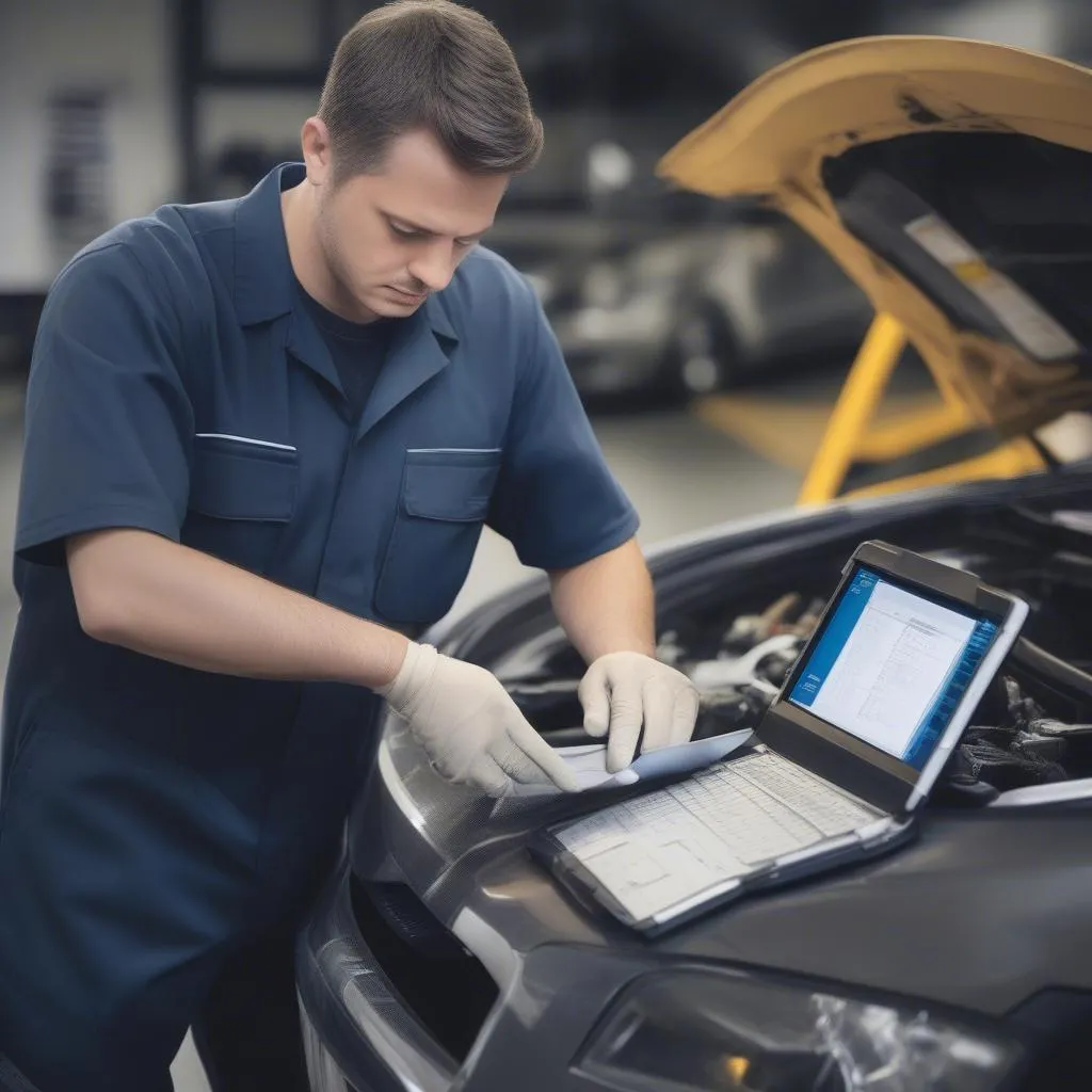 A mechanic analyzing the results of a dealer scanner