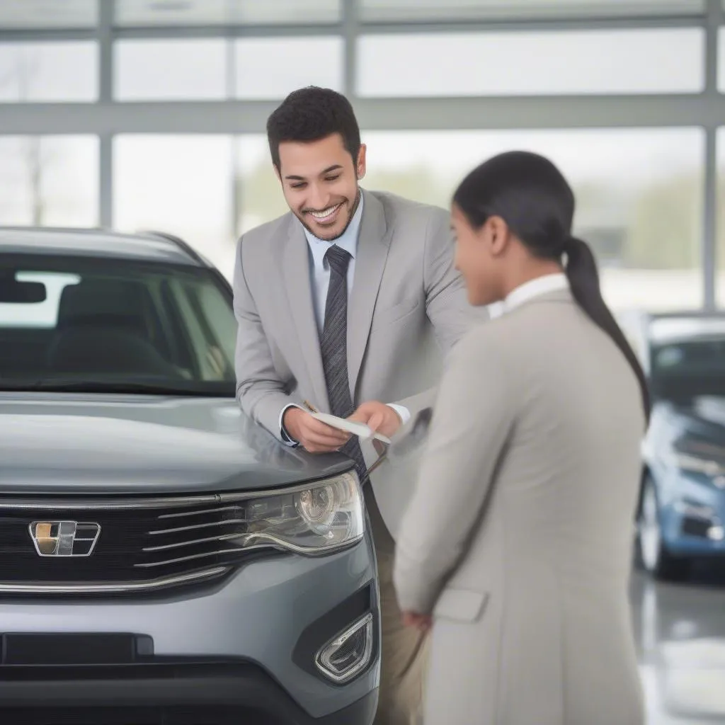 Sales representative discussing a car with a customer