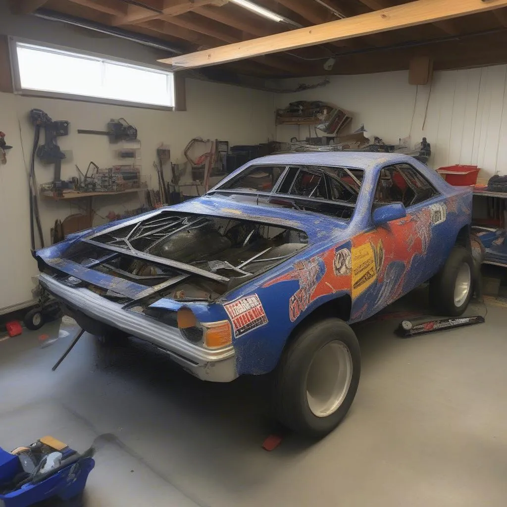 Modified demolition derby car with roll cage