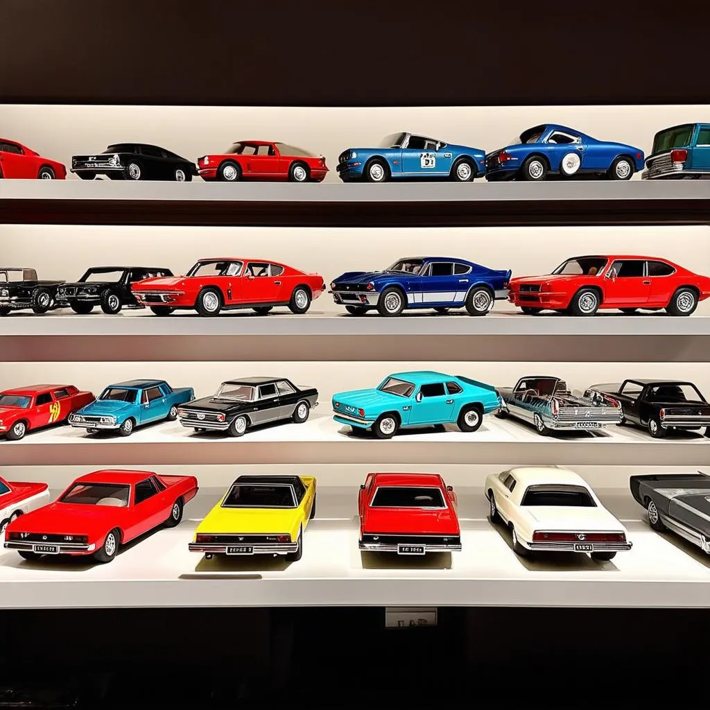 Diecast toy car collection organized on shelves