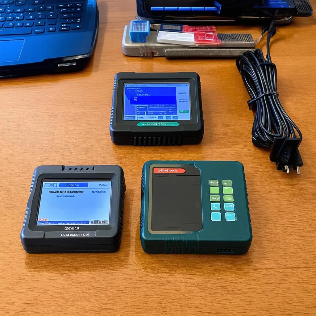 Different types of OBD scanners on a table