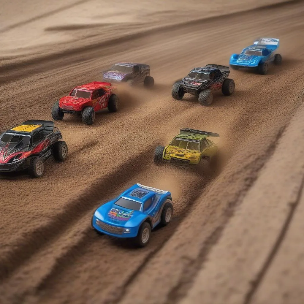 A dirt remote control car racing on a track with other cars