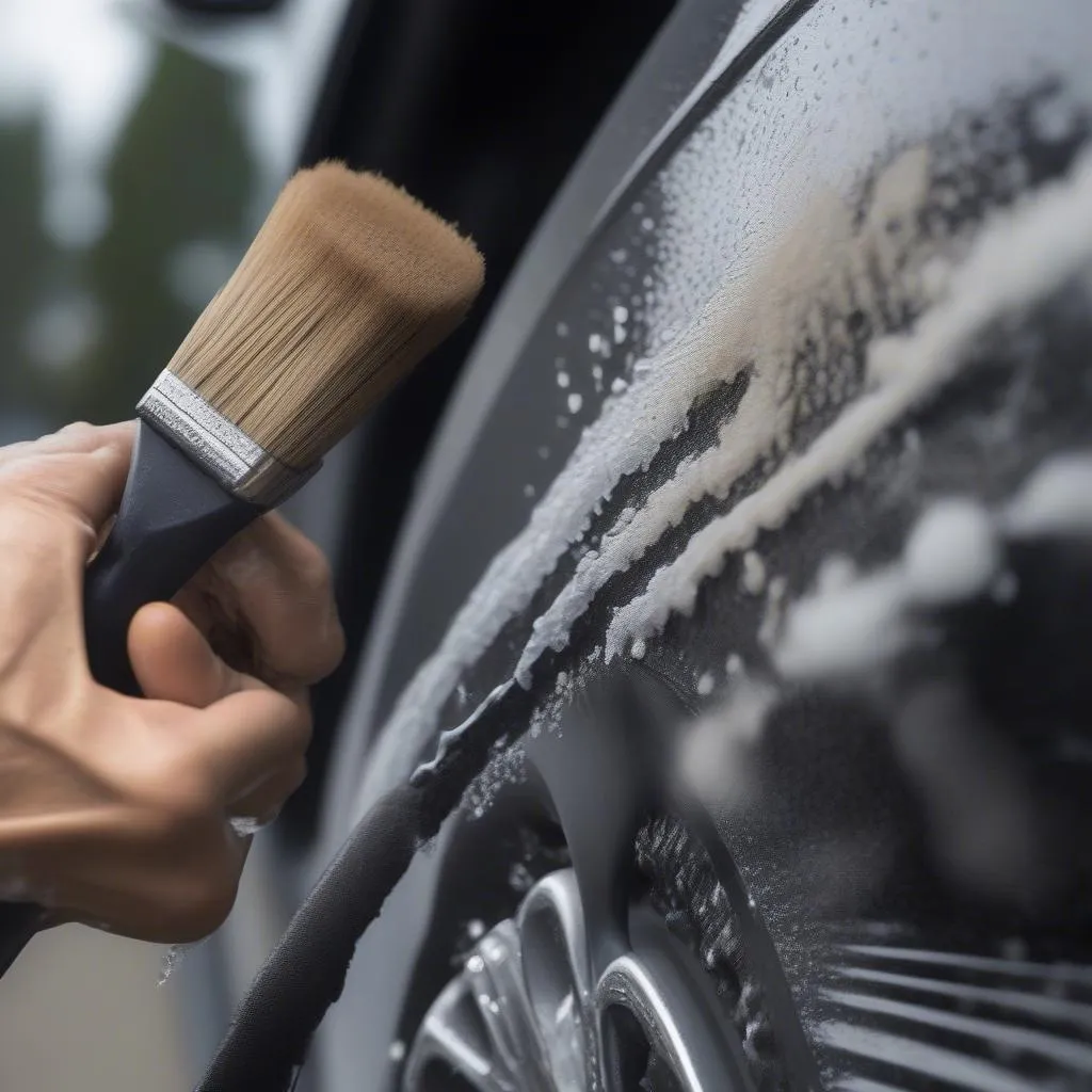 Close-up of a Detailing Brush Used in a DIY Hand Car Wash