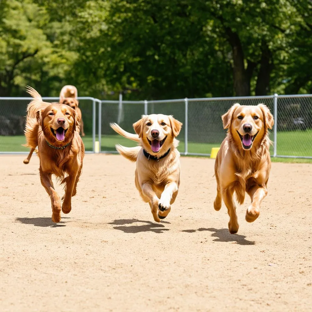 Happy dogs playing in a dog park