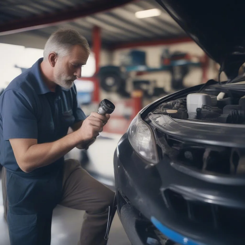 Mechanic inspecting a damaged car in a repair shop in Dripping Springs