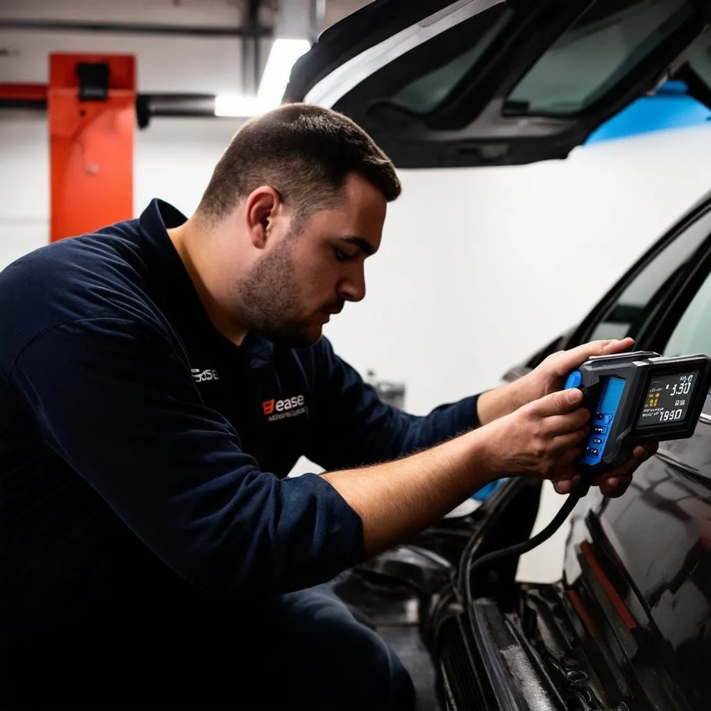 Ease Diagnostics OBD II Verification Tester - A Car Mechanic Using the Tester During an Inspection