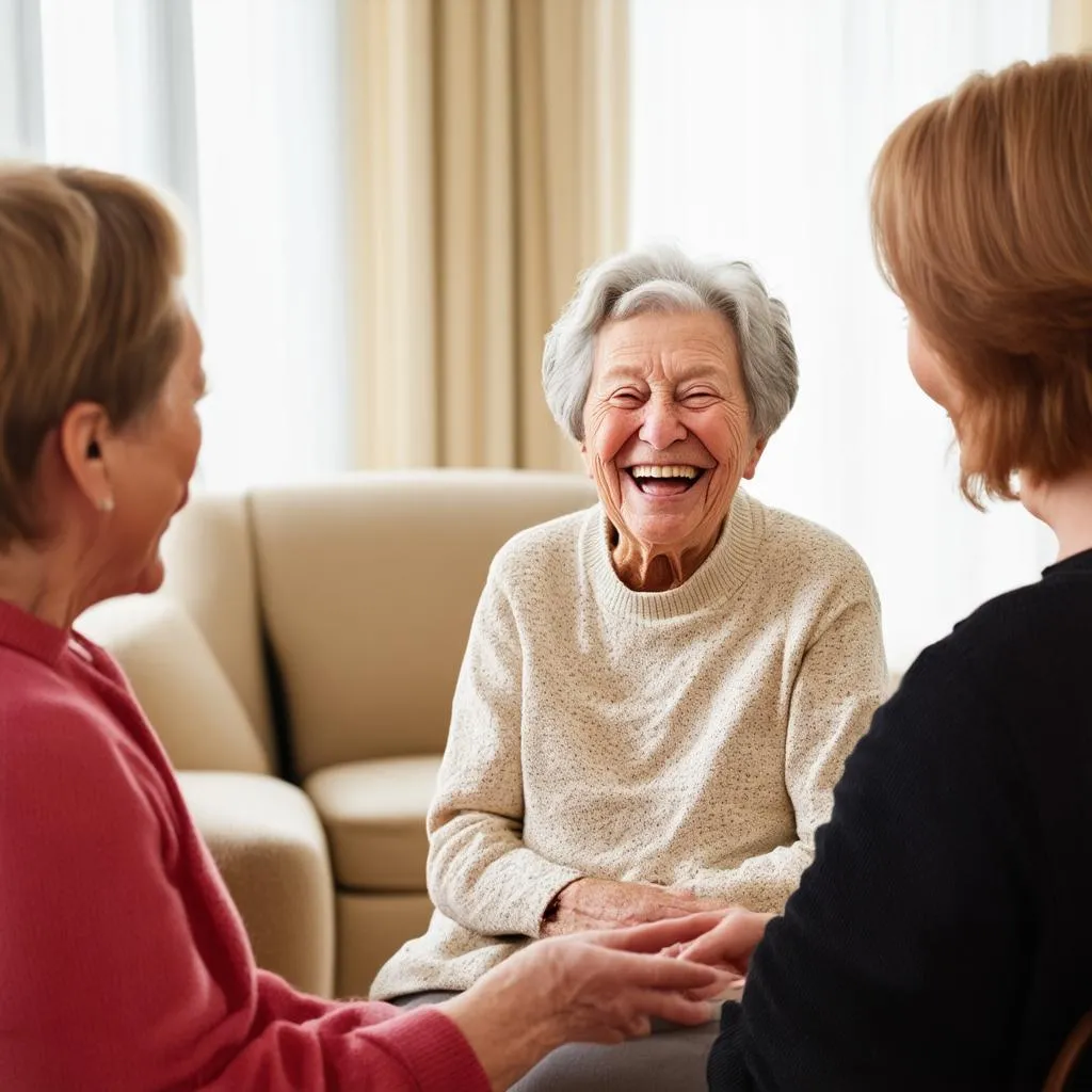 Happy elderly woman talking to a caregiver in a bright and welcoming common room