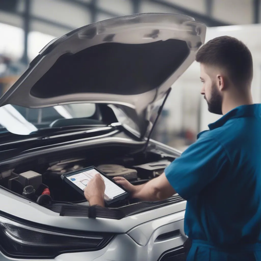 A mechanic using a dealer scanner to diagnose a problem in a European car