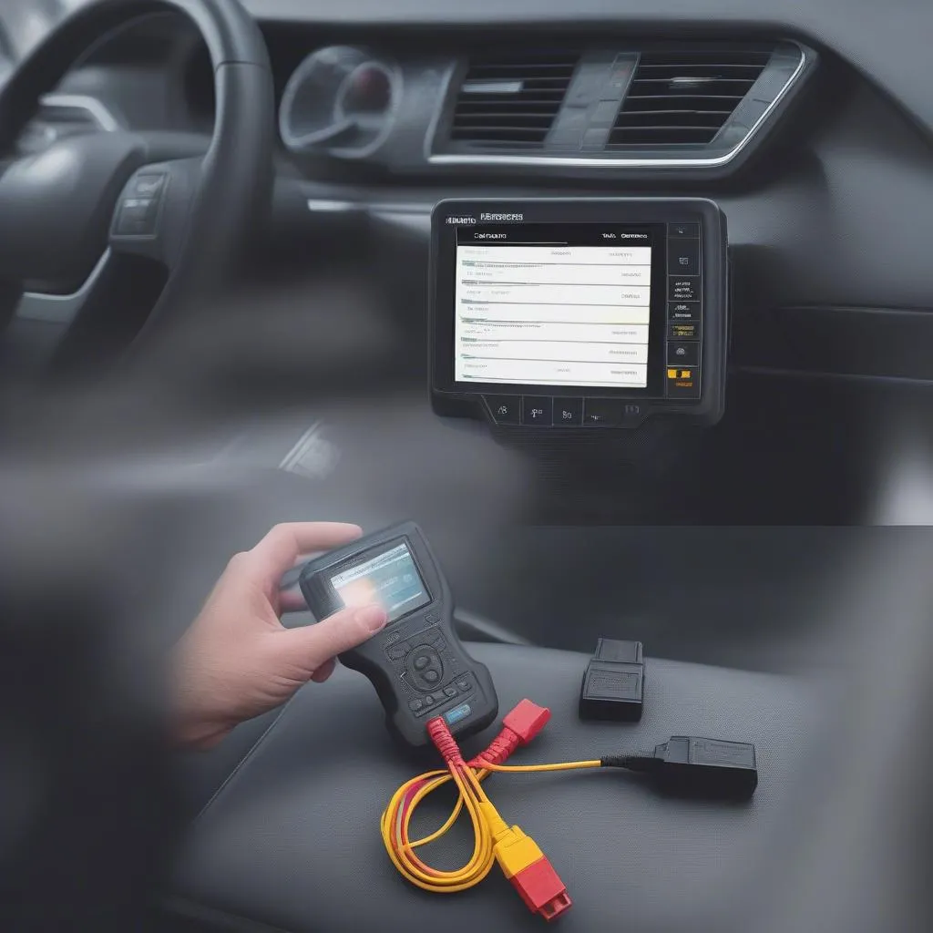 Dealer scanner connected to a European car for diagnostics