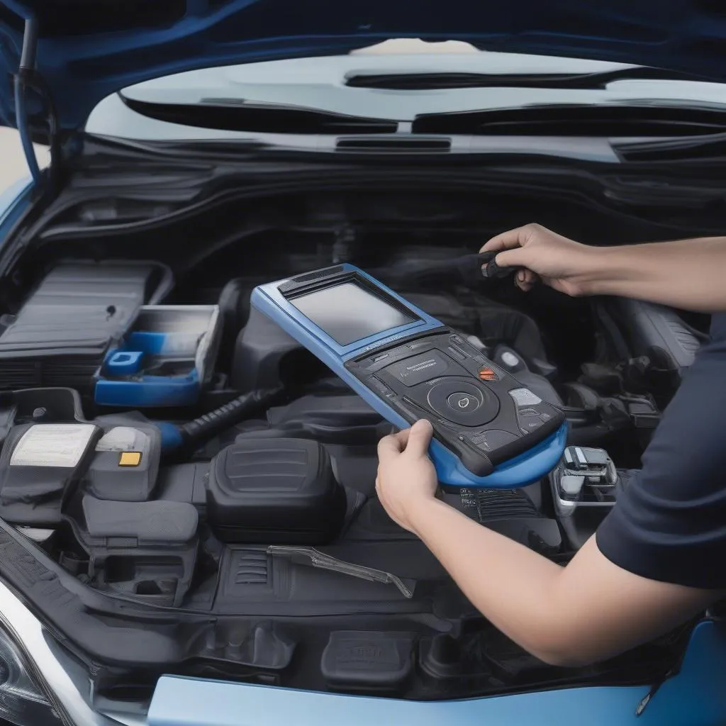 Mechanic using a diagnostic tool on a European car