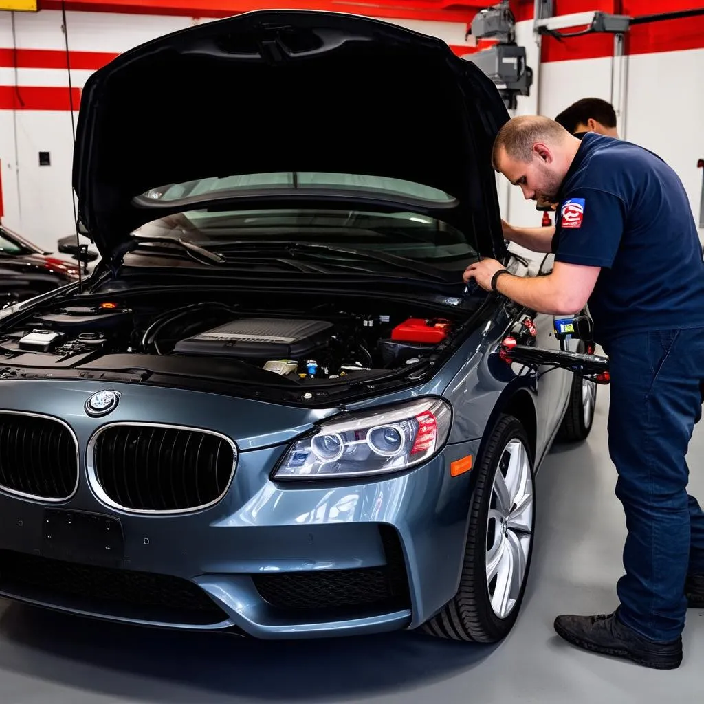 Mechanic using a diagnostic tool on a European car