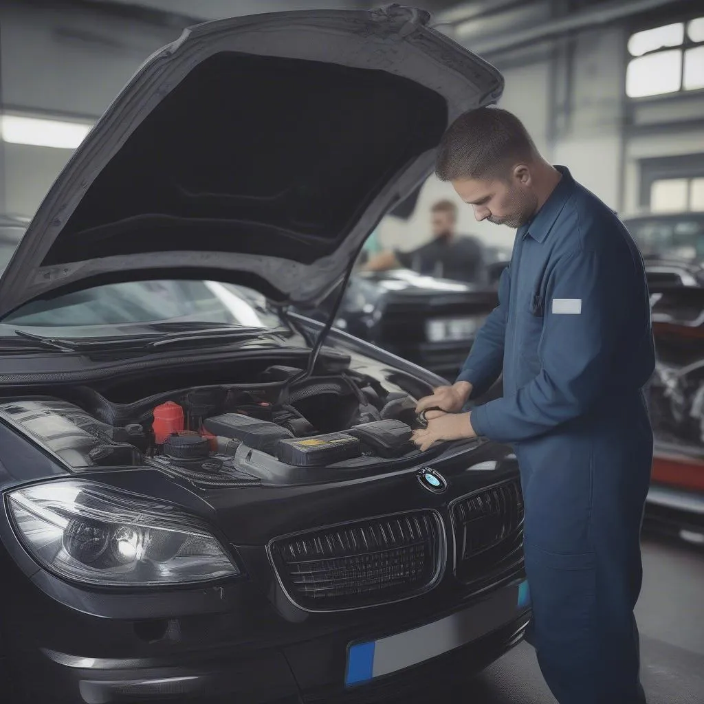 Mechanic diagnosing a European car