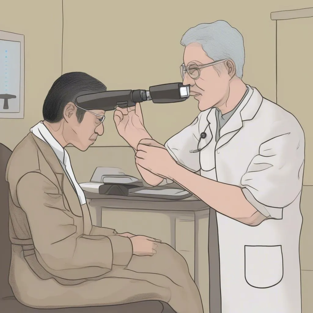 Eye specialist examining a patient with an ophthalmoscope