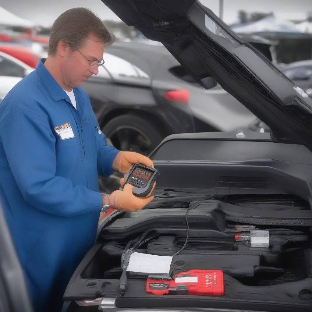 Mechanic using a dealer scanner to diagnose a European car at the Fairfield Car Show