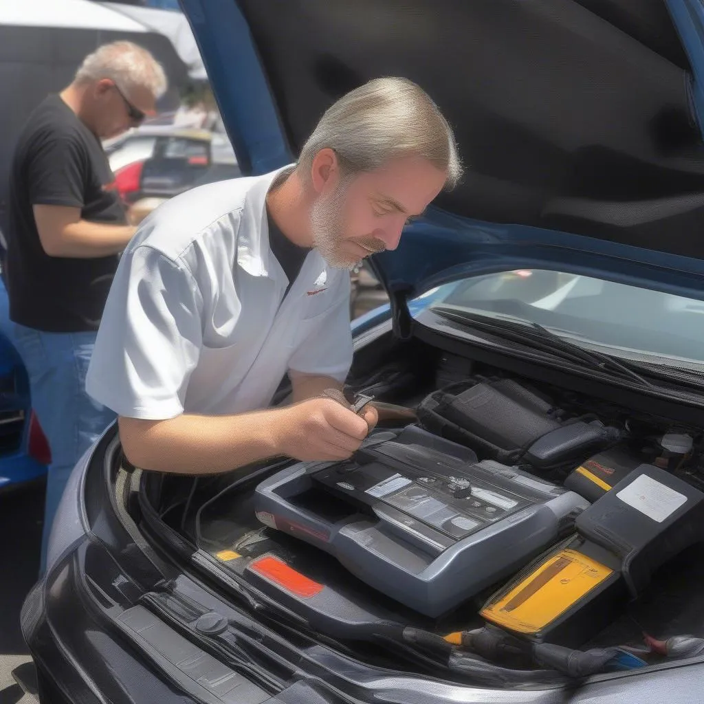 A mechanic using a dealer scanner to diagnose a European car at the Fairfield Car Show