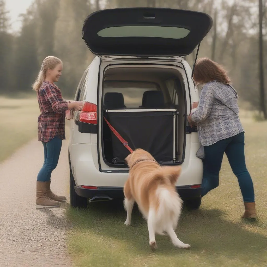 Happy family and dog in a dog trailer