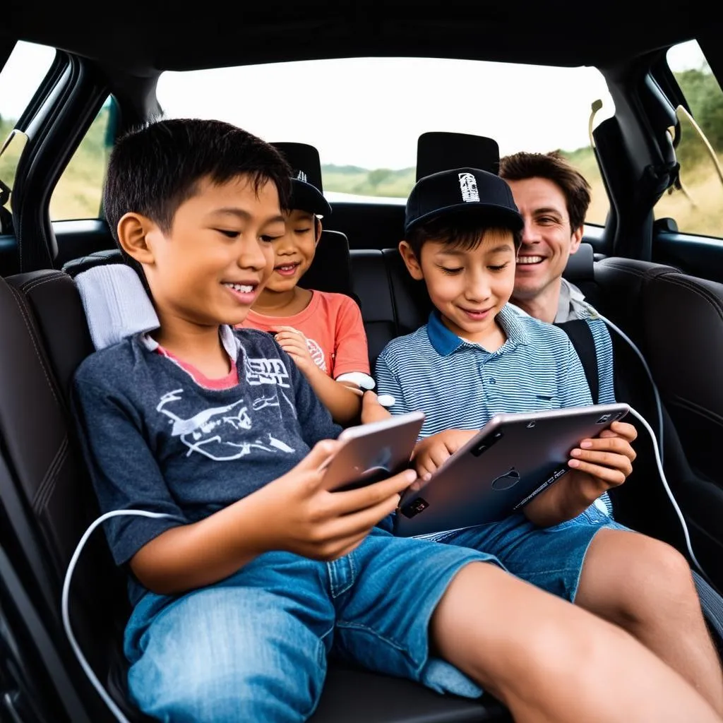 family using car charger on a road trip