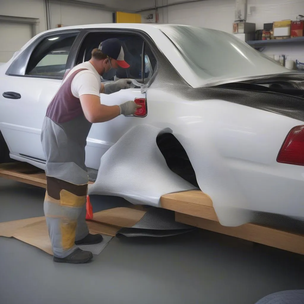 Fiberglass sheets being used to repair a damaged car body panel