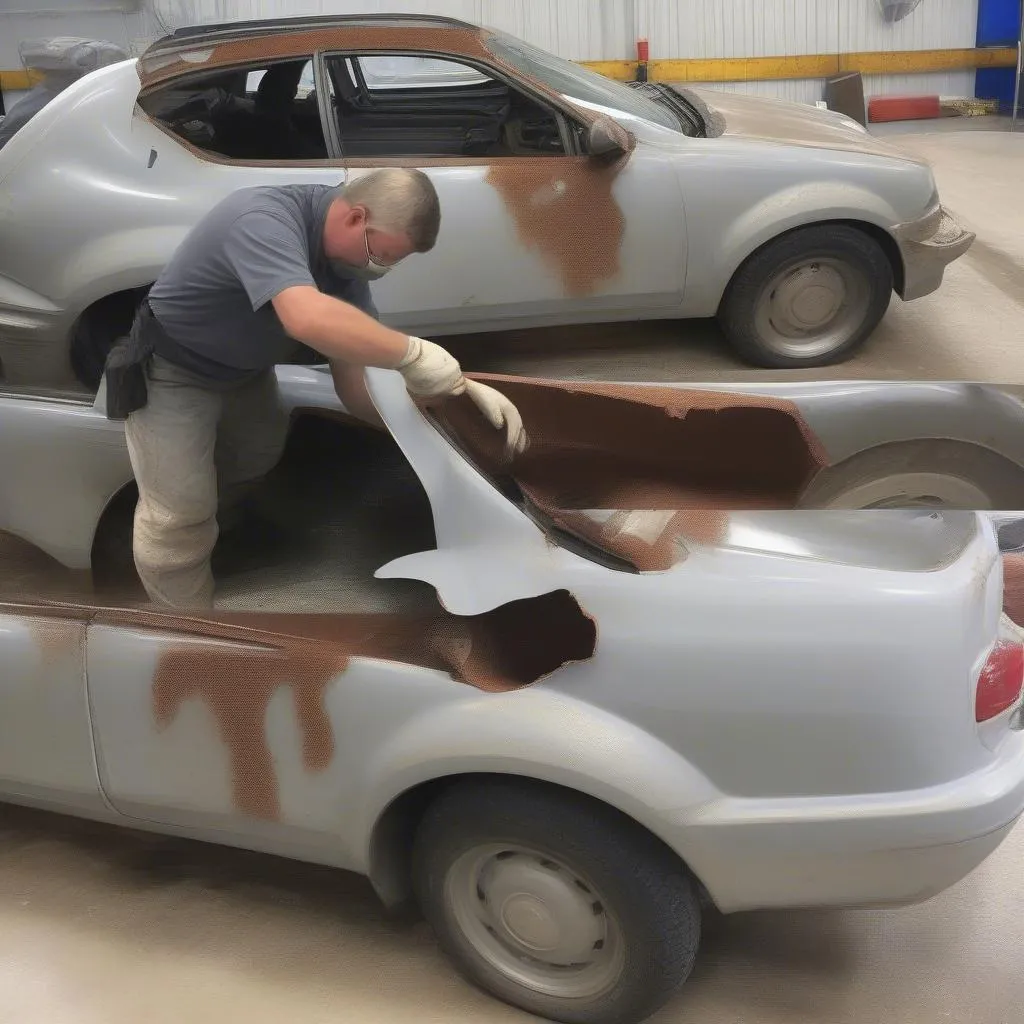 Fiberglass sheets being used to fill gaps and holes in a car body