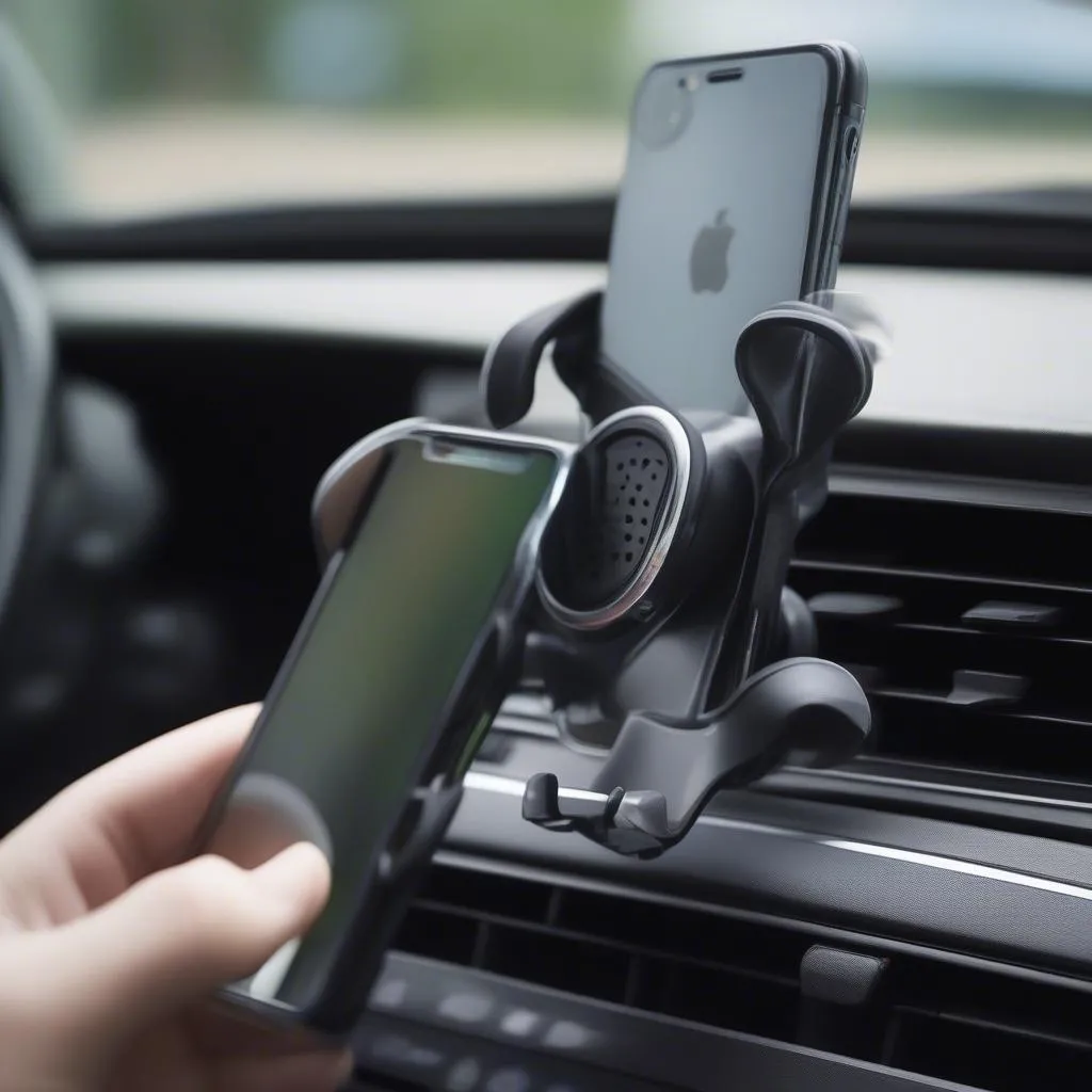 Flexible phone holder mounted on a car air vent