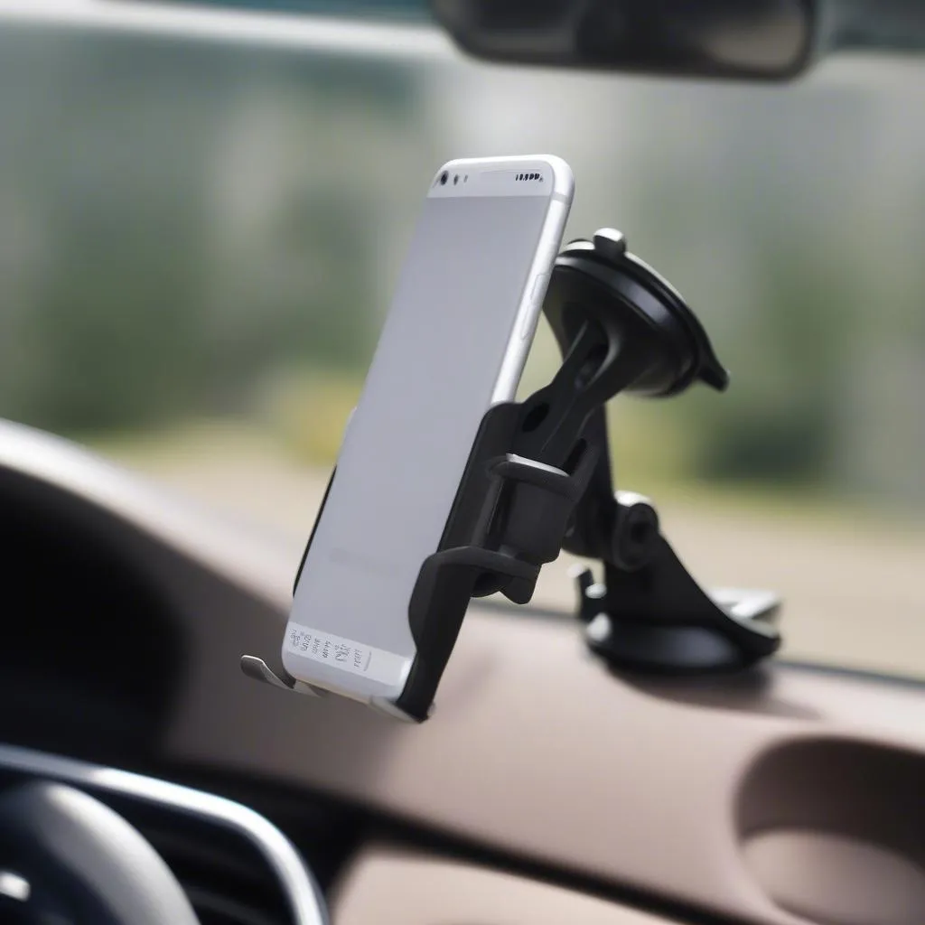 Flexible phone holder mounted on a car windshield