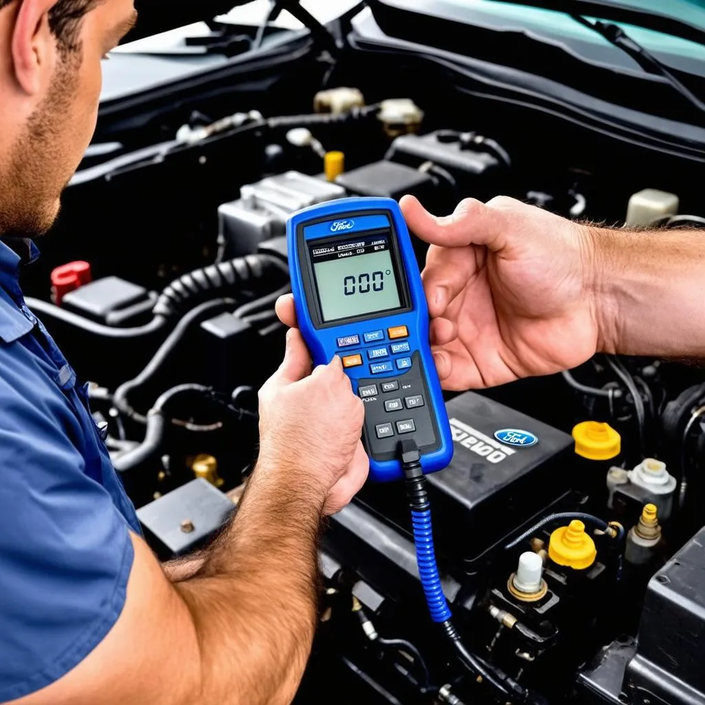 A mechanic using a code reader