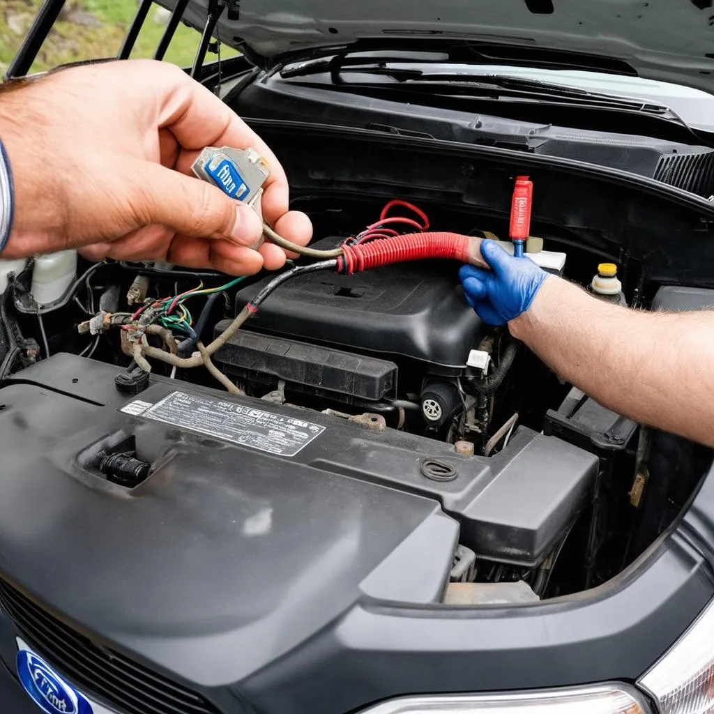 Mechanic inspecting Ford Fiesta A/C system