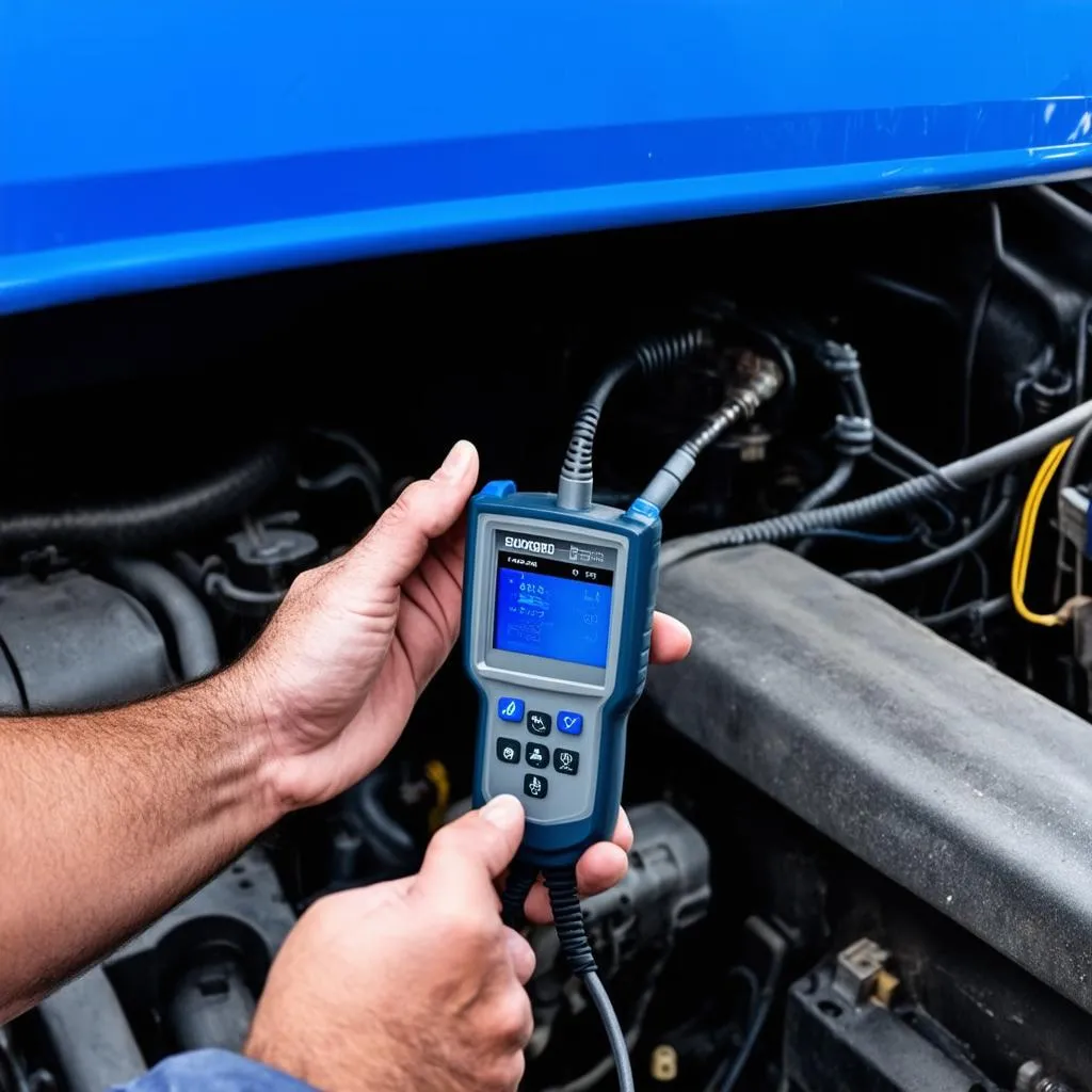 Mechanic using an OBD scanner on a Ford Transit