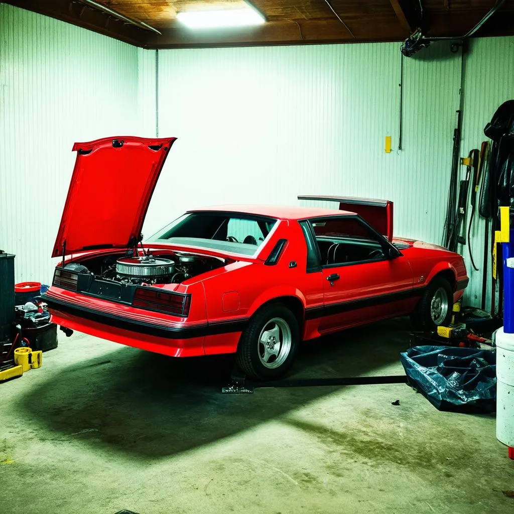 Ford Mustang project car in a garage