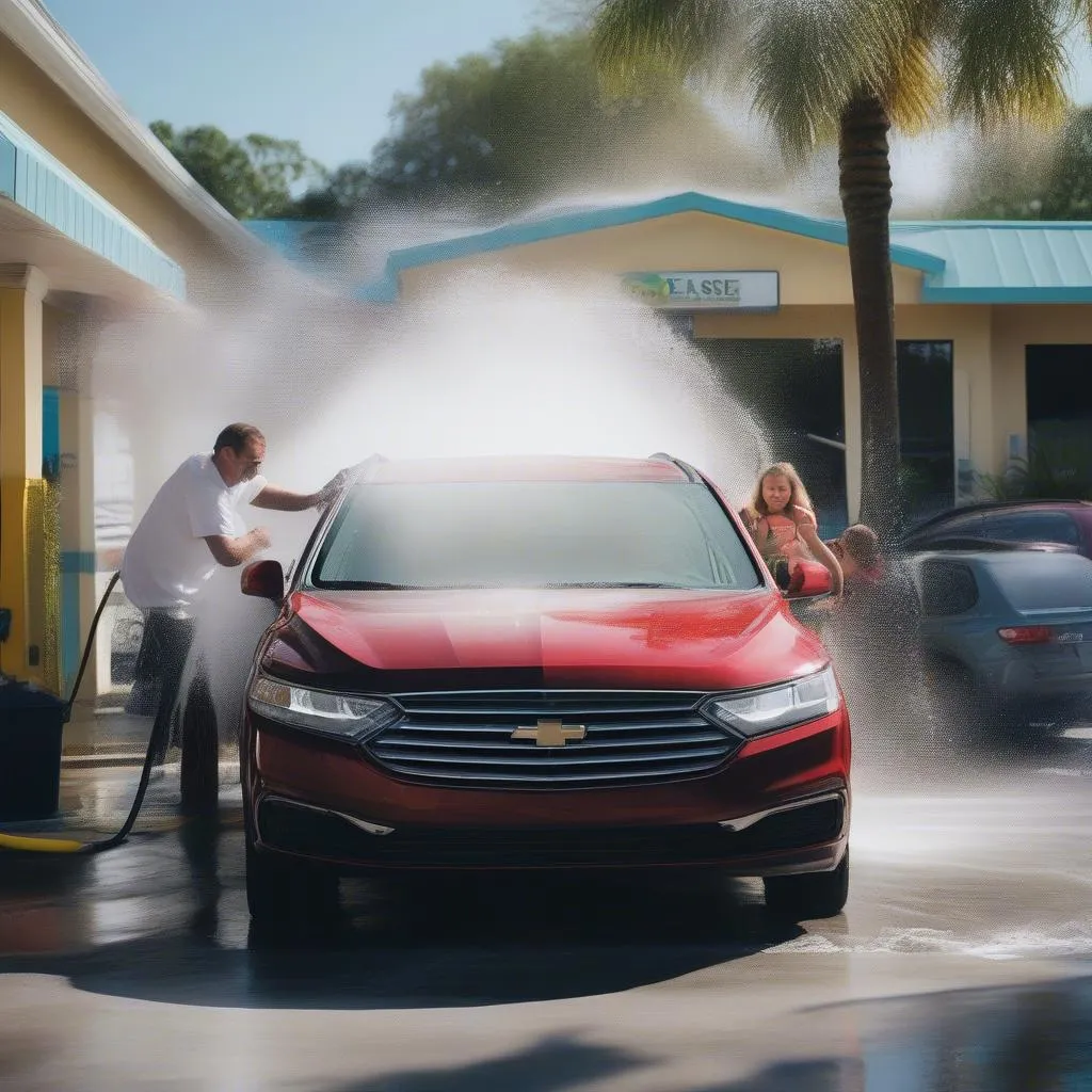 A family car receiving a full-service car wash in Stuart FL, highlighting the convenience and benefits of a professional clean.