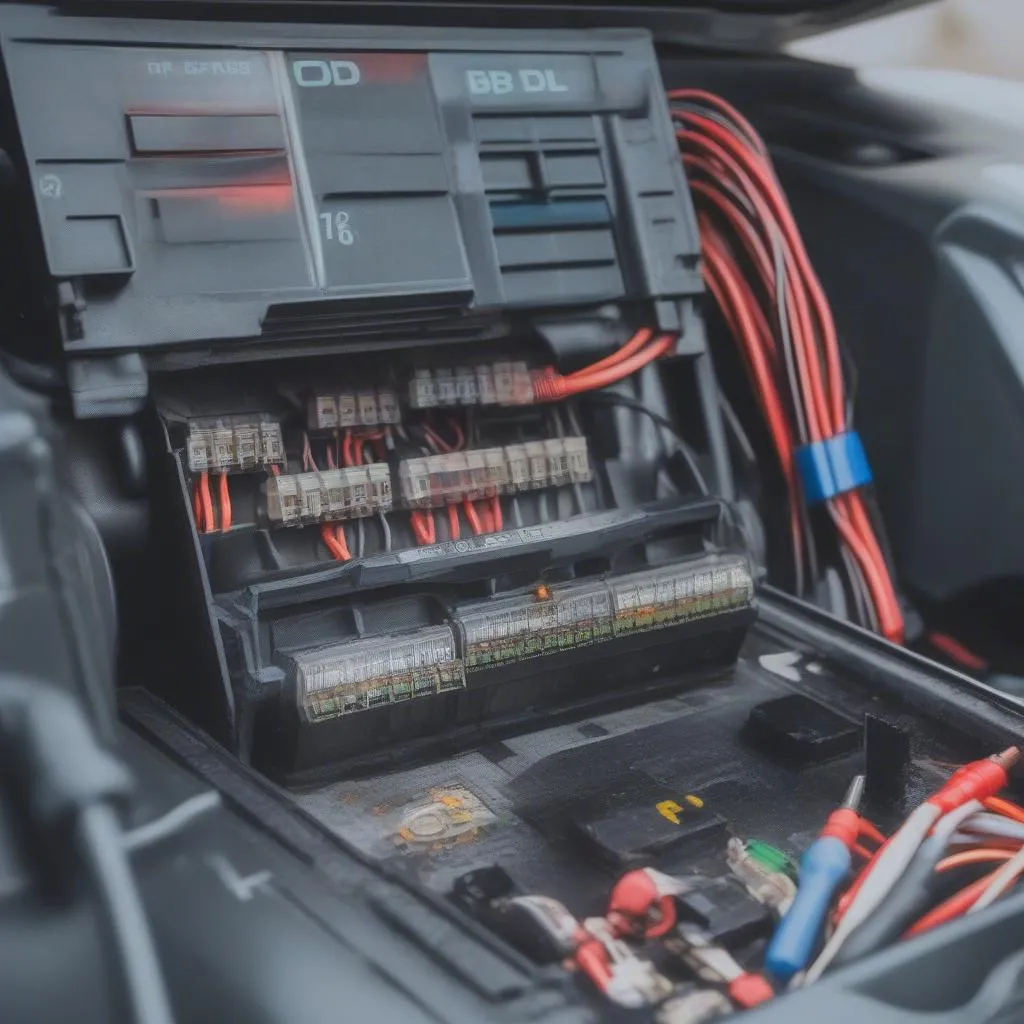 Close-up of the fuse box in a 1992 Lexus LS400