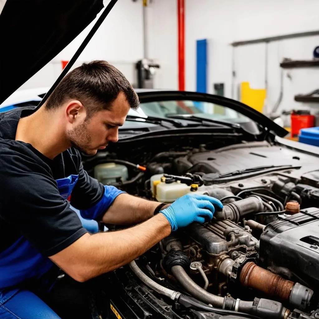 Mechanic working on a car engine