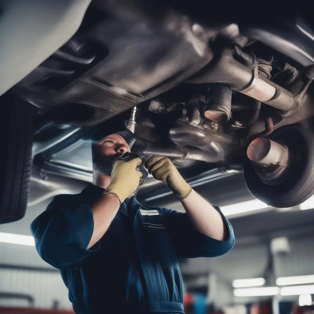 A mechanic inspecting an oxygen sensor in a car