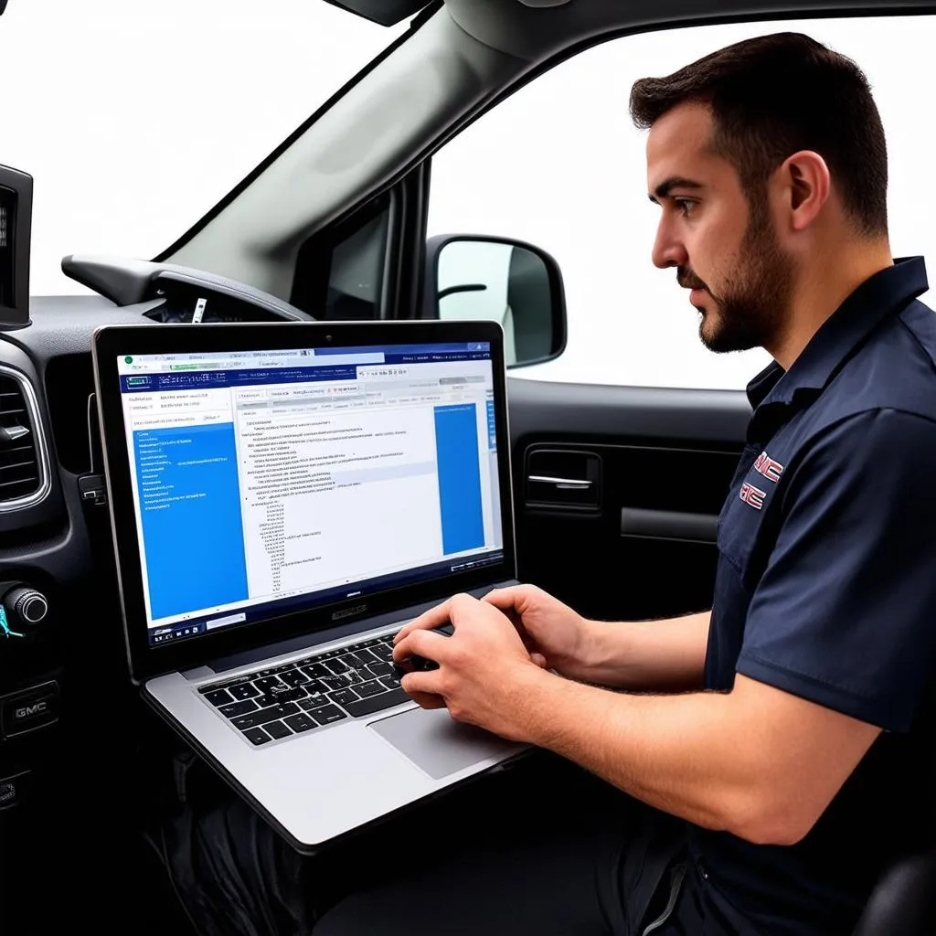 A technician using a laptop connected to a GMC truck to read OBD2 codes