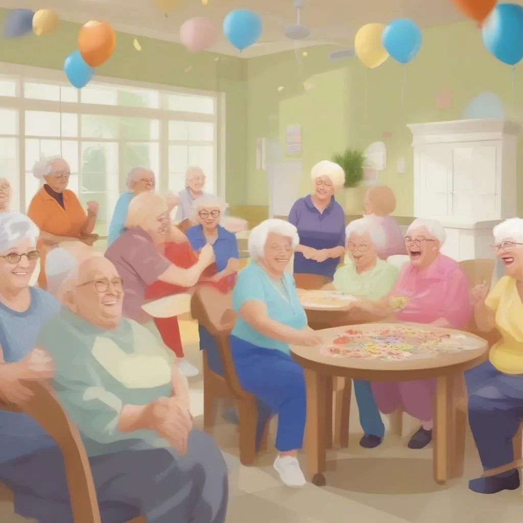 Golden age adult day care center environment with cheerful senior community