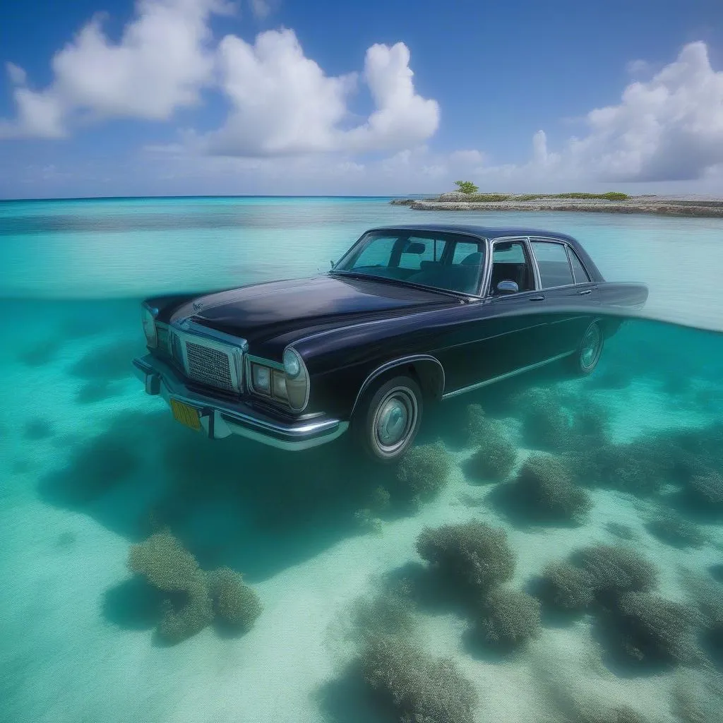 A rental car parked near a picturesque diving spot in Grand Cayman