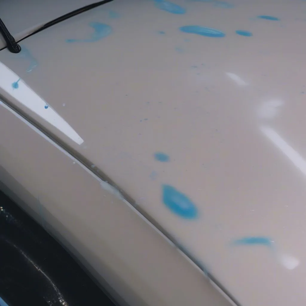 Closeup of a car paint surface with a small amount of hand sanitizer splattered on it.