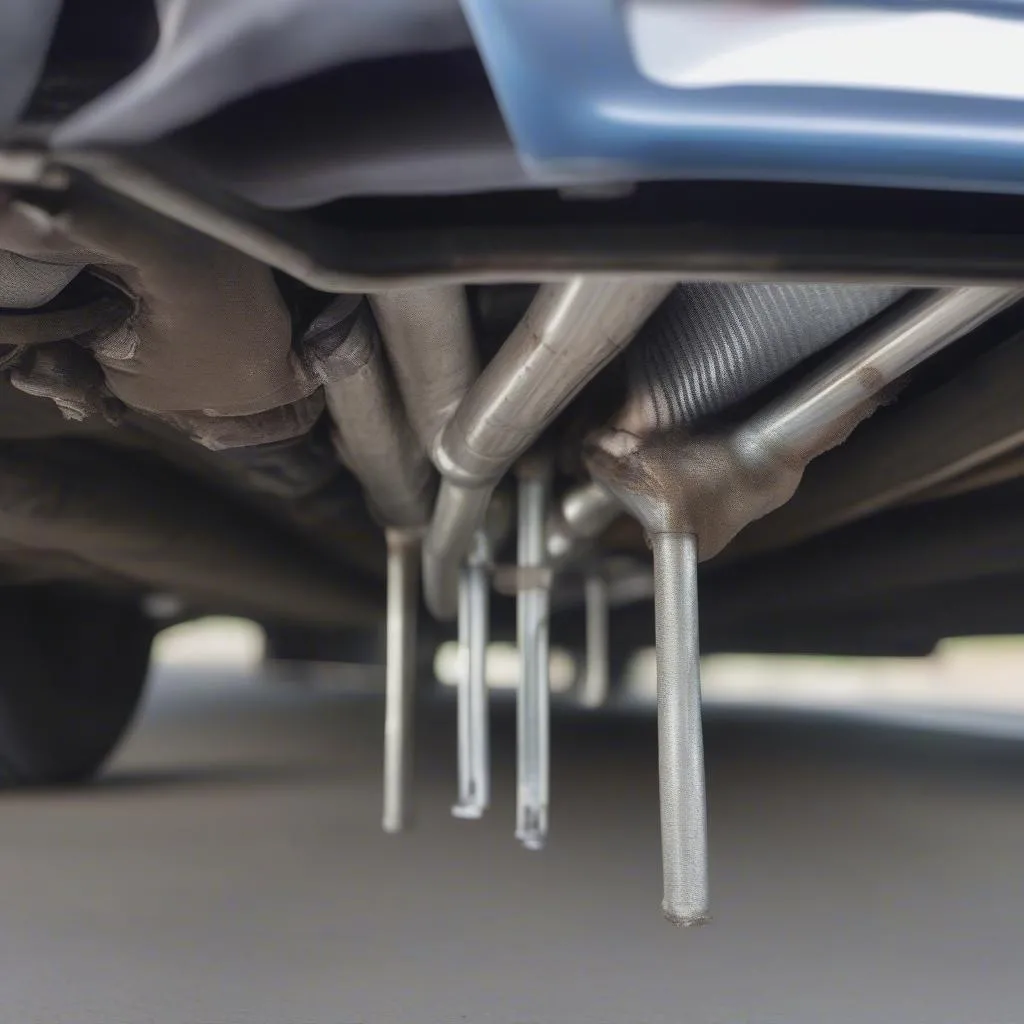 Damaged heat shield hanging under a car