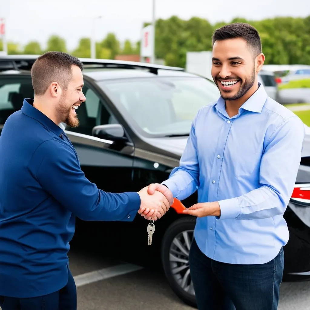 A happy customer receiving the keys to their new car from a car dealer at the dealership.