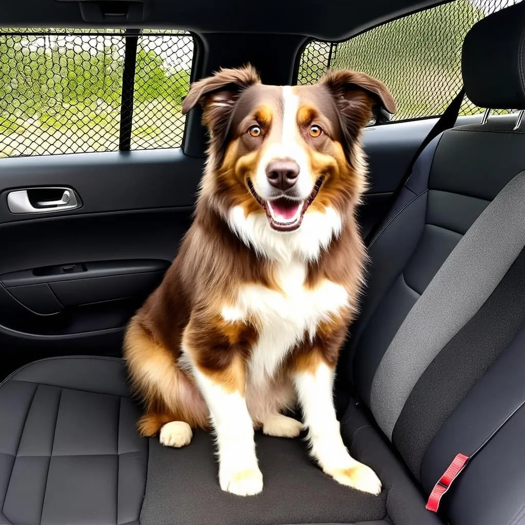 Happy Dog in Car Backseat with Dog Gate