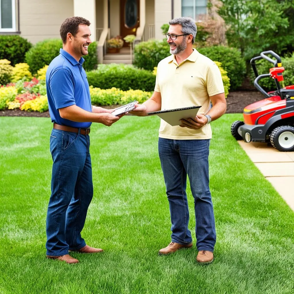 Homeowner and Landscaper Discussing Lawn Care