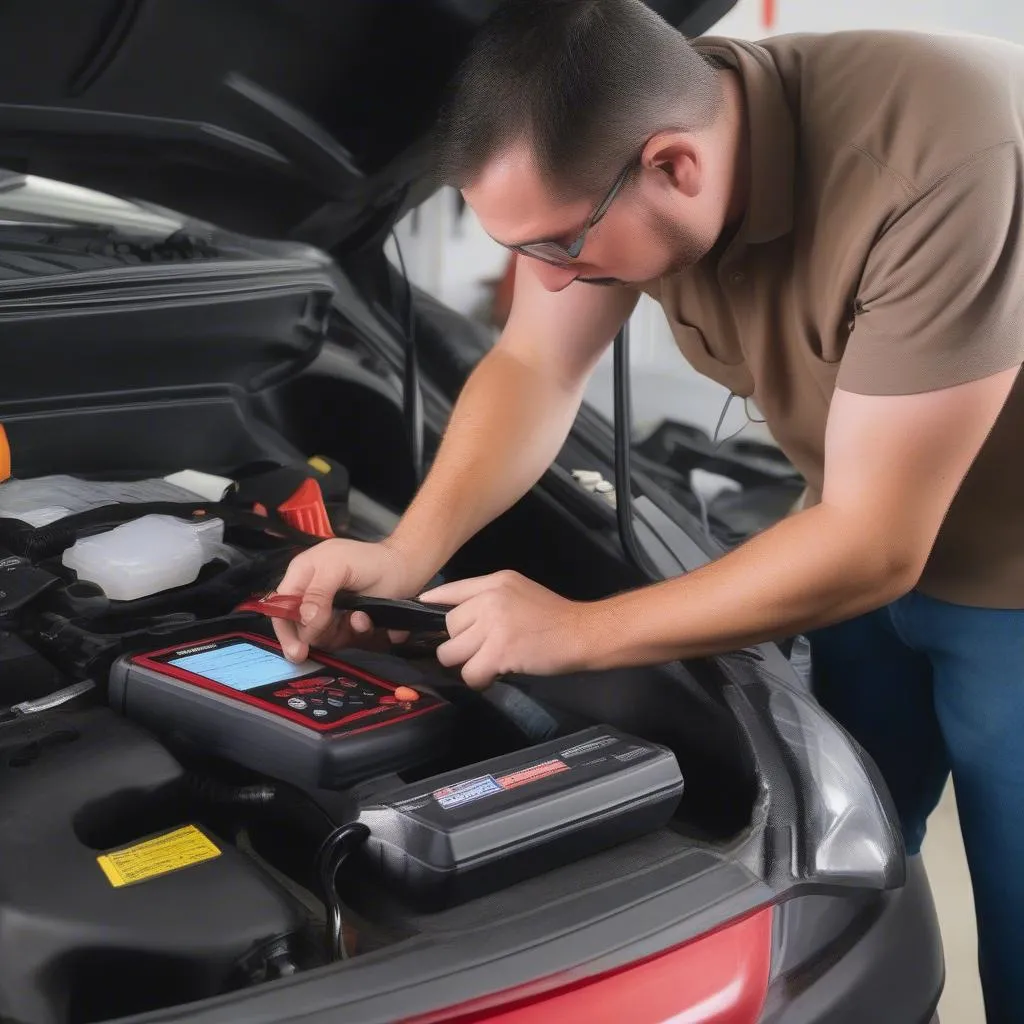 Mechanic using a Harbor Freight OBD scanner to diagnose a car problem