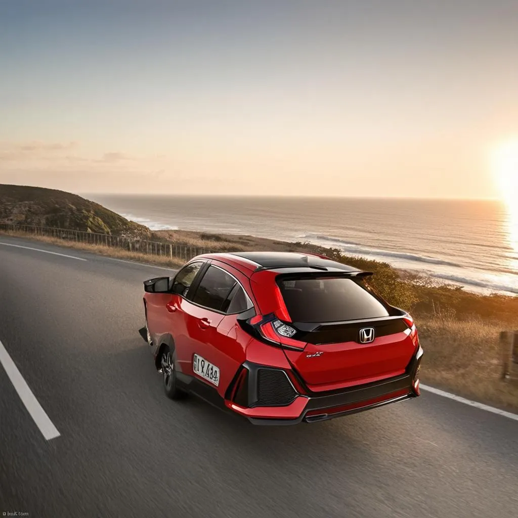 A red Honda Civic driving on the Pacific Coast Highway