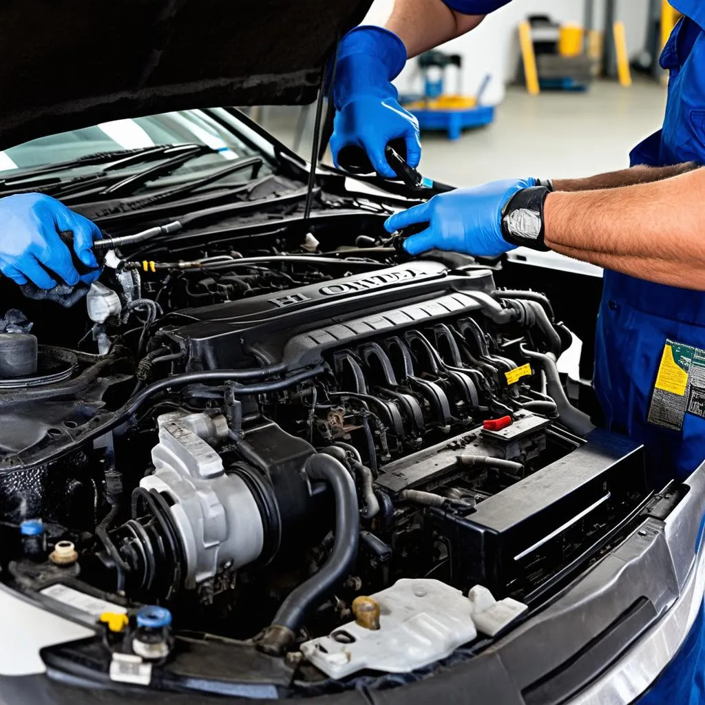 Mechanic Working on a Honda Engine