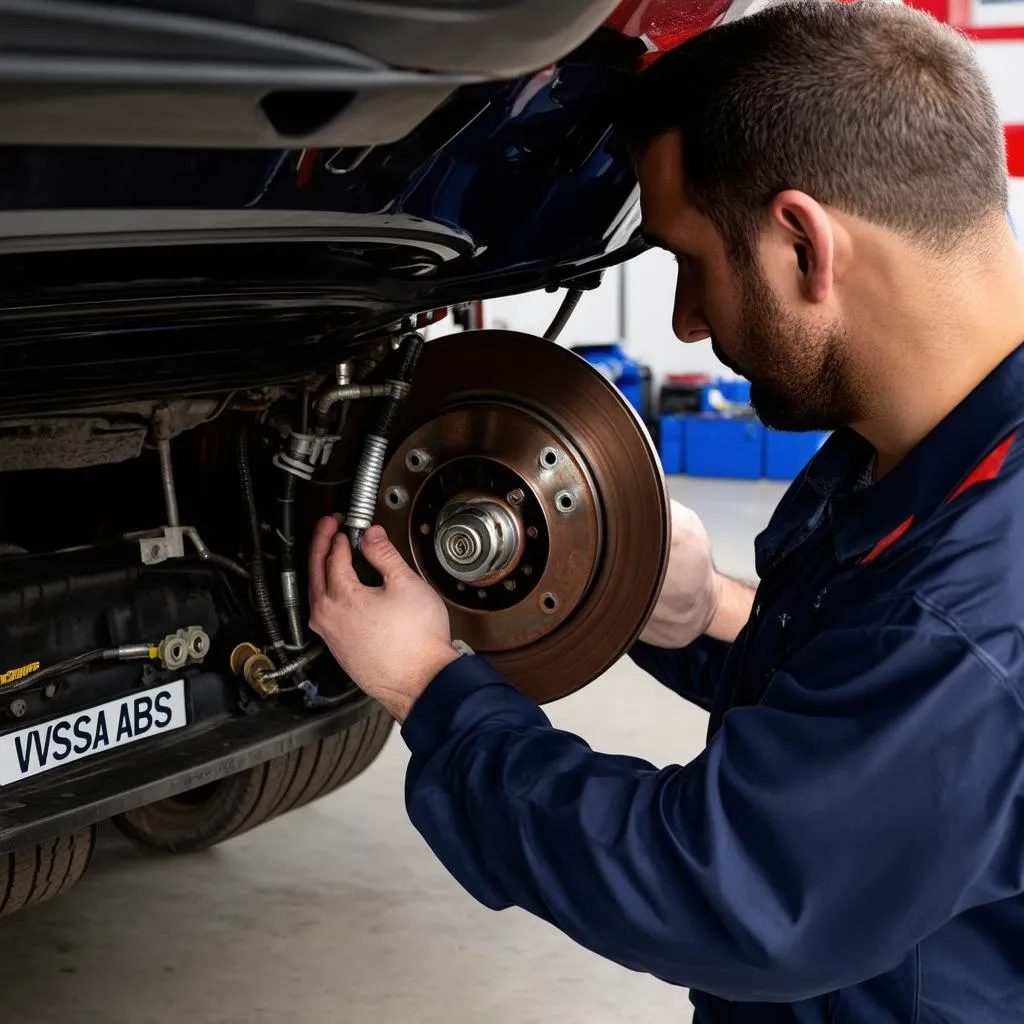 Mechanic inspecting car