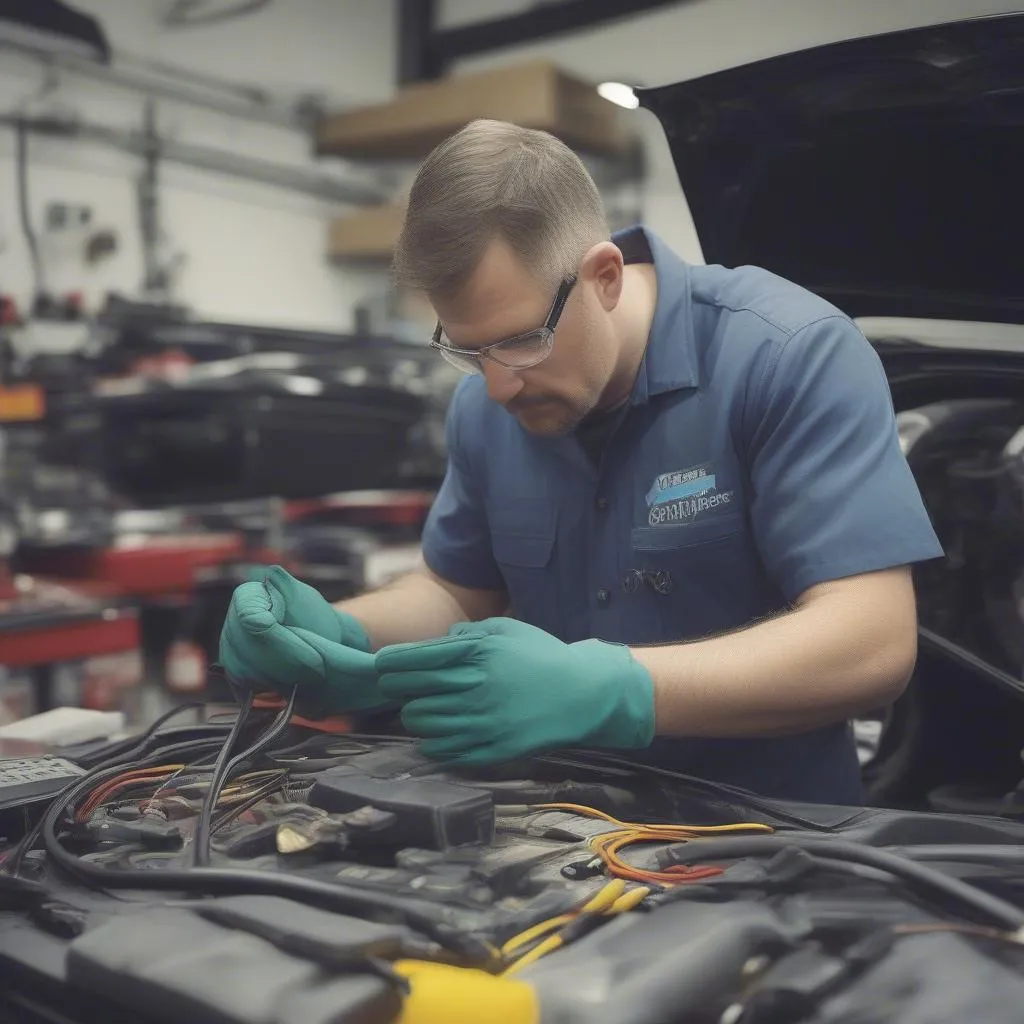 Mechanic inspecting electrical gloves before working on car