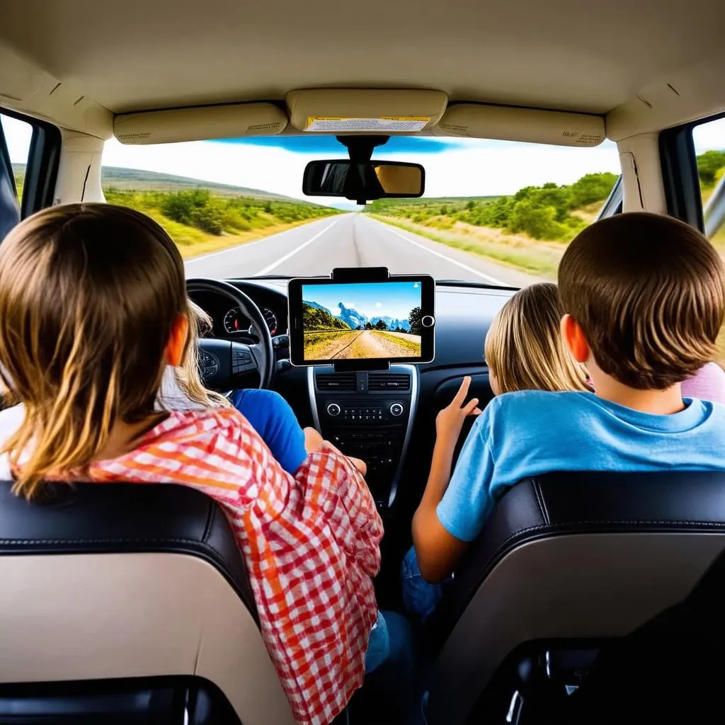 Family enjoying a road trip with an iPad mounted on the headrest