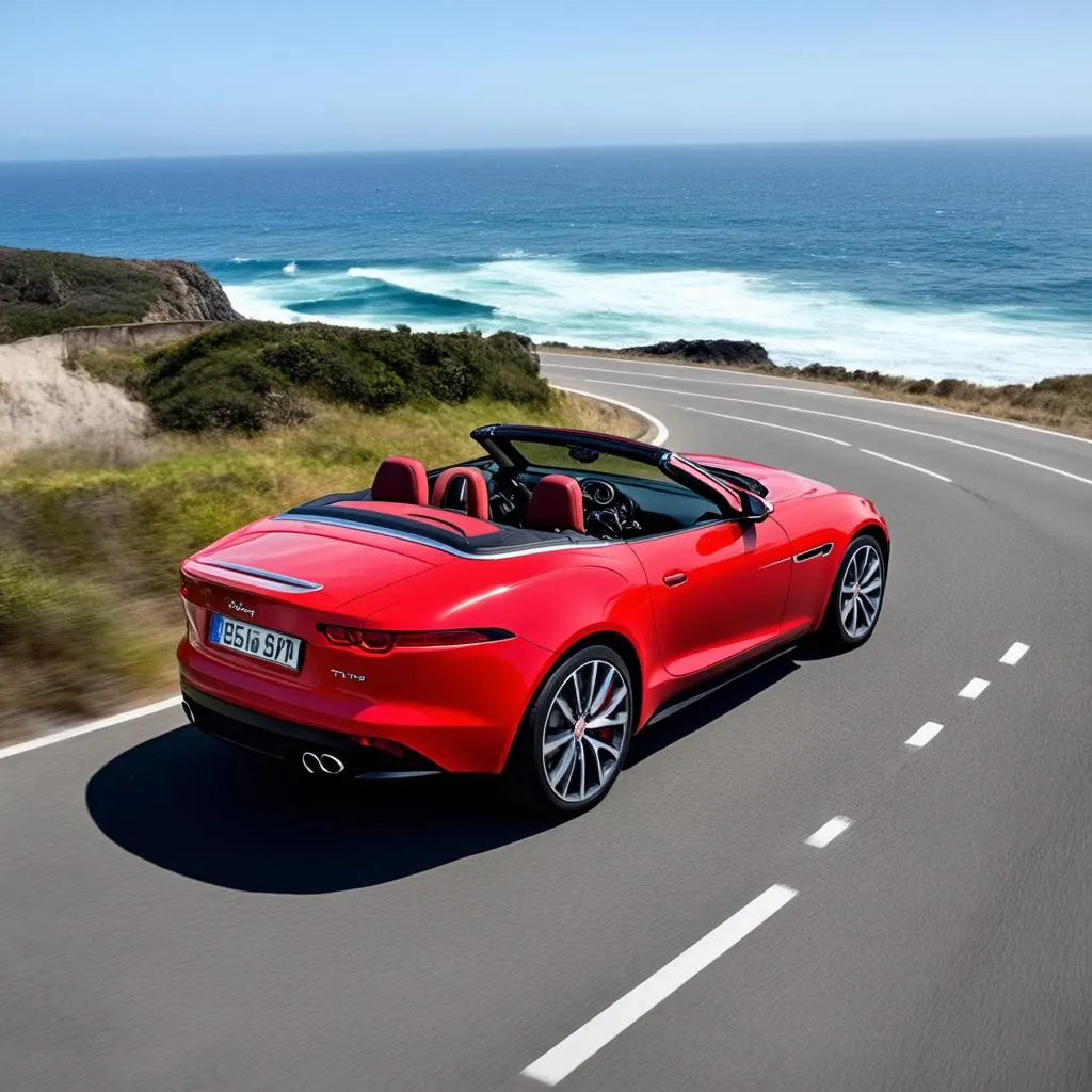 Red Jaguar F-Type convertible driving on a scenic coastal road