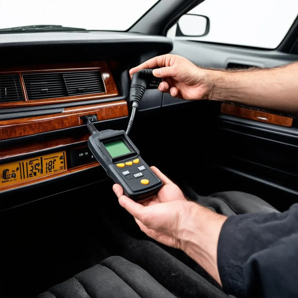 Mechanic Using OBD2 Scanner on a Jaguar XJ6